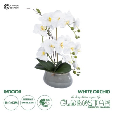 GloboStar® Artificial Garden WHITE ORCHID 21120 Διακοσμητικό Φυτό Λευκή Ορχιδέα Υ43cm